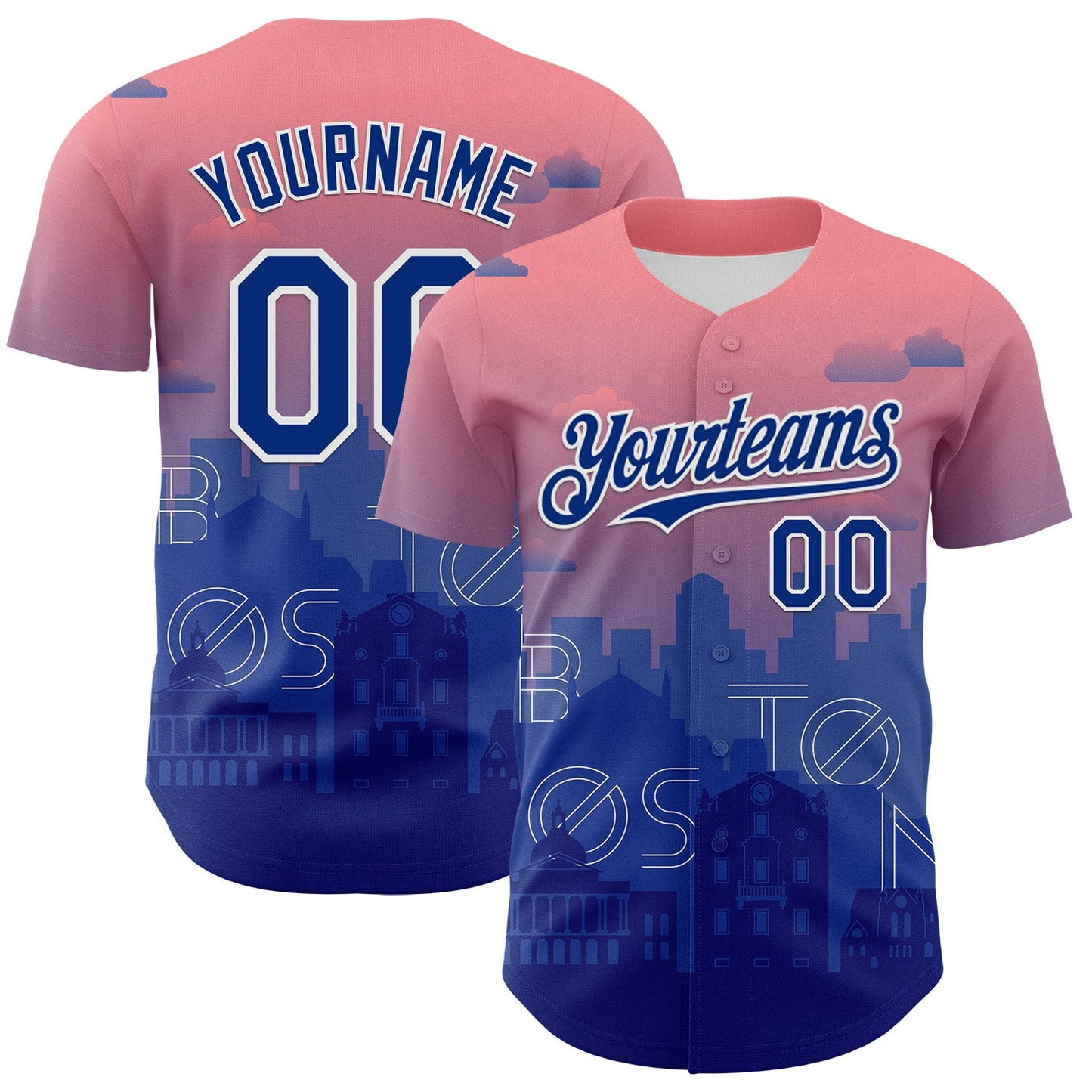Custom Pink Royal Blue-White 3D Pattern Design Boston Cityscape Sunset Authentic Baseball Jersey - Sky-Custom