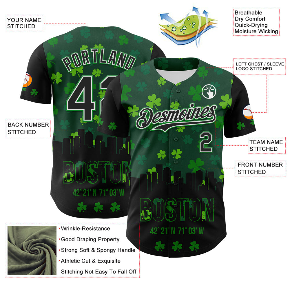 Custom Black White-Grass Green 3D Pattern Design Boston Cityscape Shamrock Authentic St. Patrick's Day Baseball Jersey - Sky-Custom