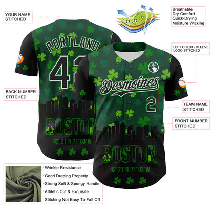 Custom Black White-Grass Green 3D Pattern Design Boston Cityscape Shamrock Authentic St. Patrick's Day Baseball Jersey - Sky-Custom