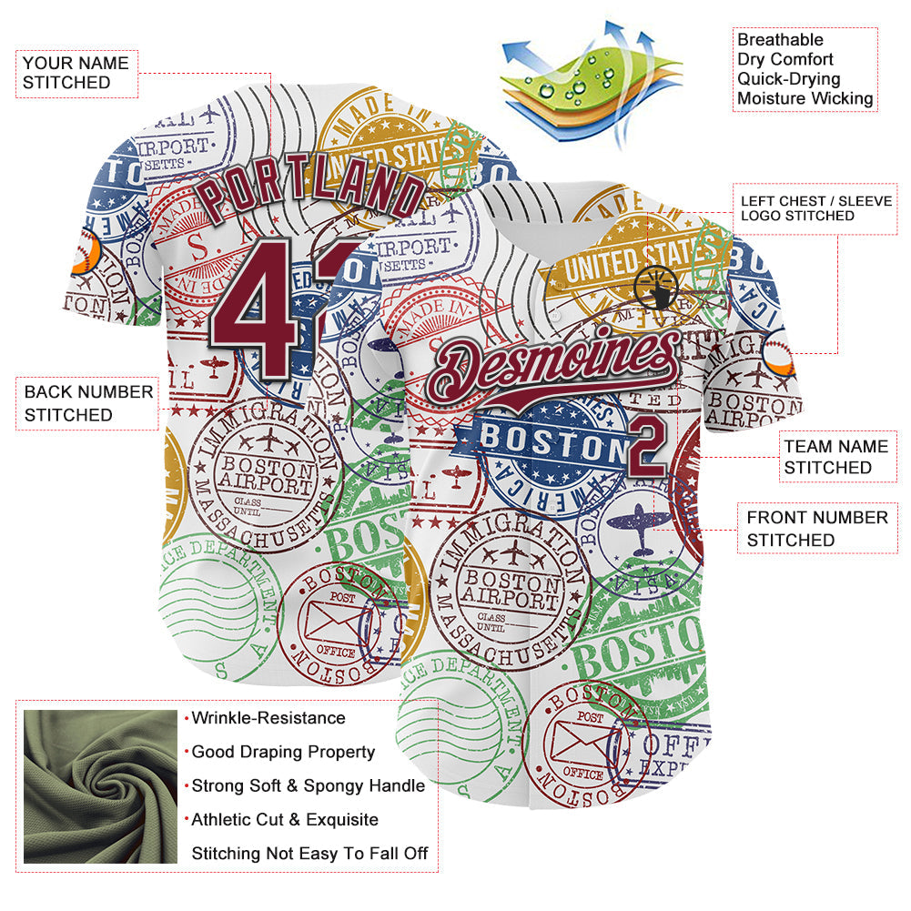 Custom White Crimson-Black 3D Pattern Design Boston Cityscape Stamp Authentic Baseball Jersey - Sky-Custom