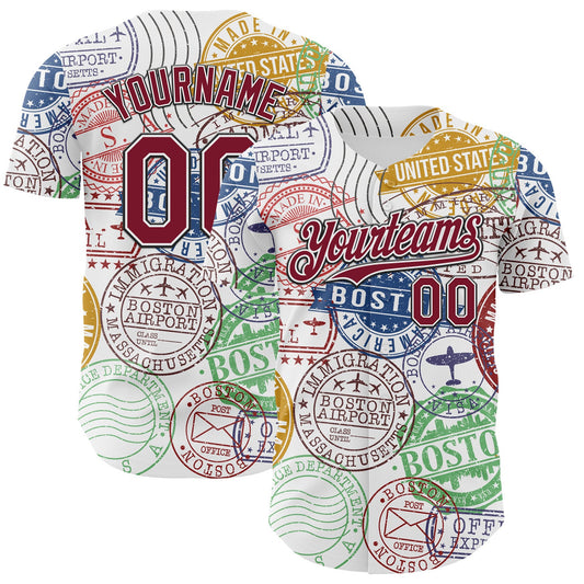 Custom White Crimson-Black 3D Pattern Design Boston Cityscape Stamp Authentic Baseball Jersey - Sky-Custom
