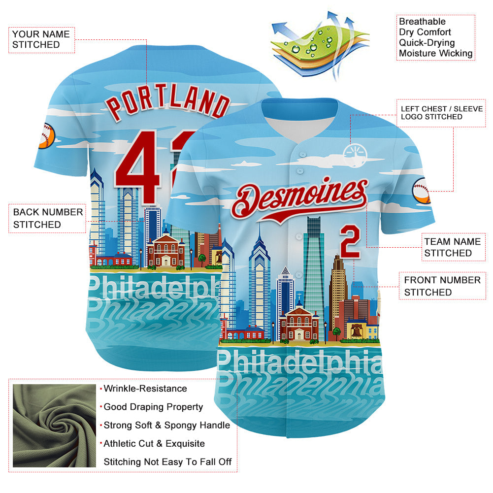Custom Blue Red-White 3D Pattern Design Philadelphia Cityscape Skyline Authentic Baseball Jersey - Sky-Custom