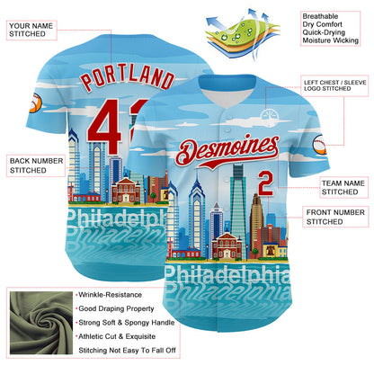 Custom Blue Red-White 3D Pattern Design Philadelphia Cityscape Skyline Authentic Baseball Jersey - Sky-Custom