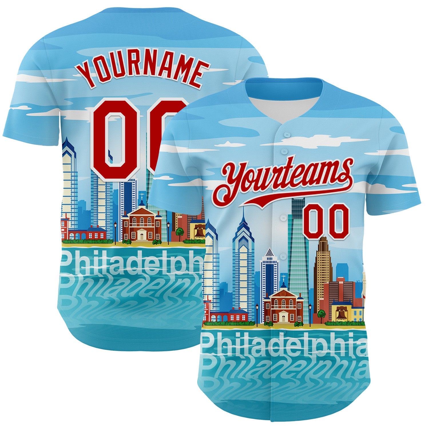 Custom Blue Red-White 3D Pattern Design Philadelphia Cityscape Skyline Authentic Baseball Jersey - Sky-Custom