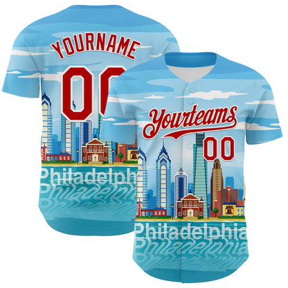 Custom Blue Red-White 3D Pattern Design Philadelphia Cityscape Skyline Authentic Baseball Jersey - Sky-Custom