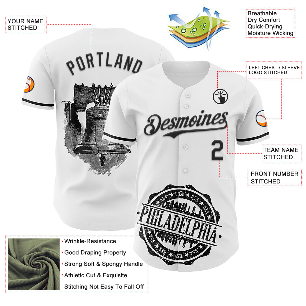 Custom White Black 3D Pattern Design Philadelphia Cityscape Liberty Bell Authentic Baseball Jersey - Sky-Custom