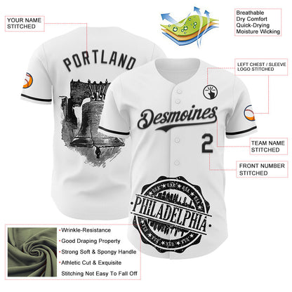 Custom White Black 3D Pattern Design Philadelphia Cityscape Liberty Bell Authentic Baseball Jersey - Sky-Custom