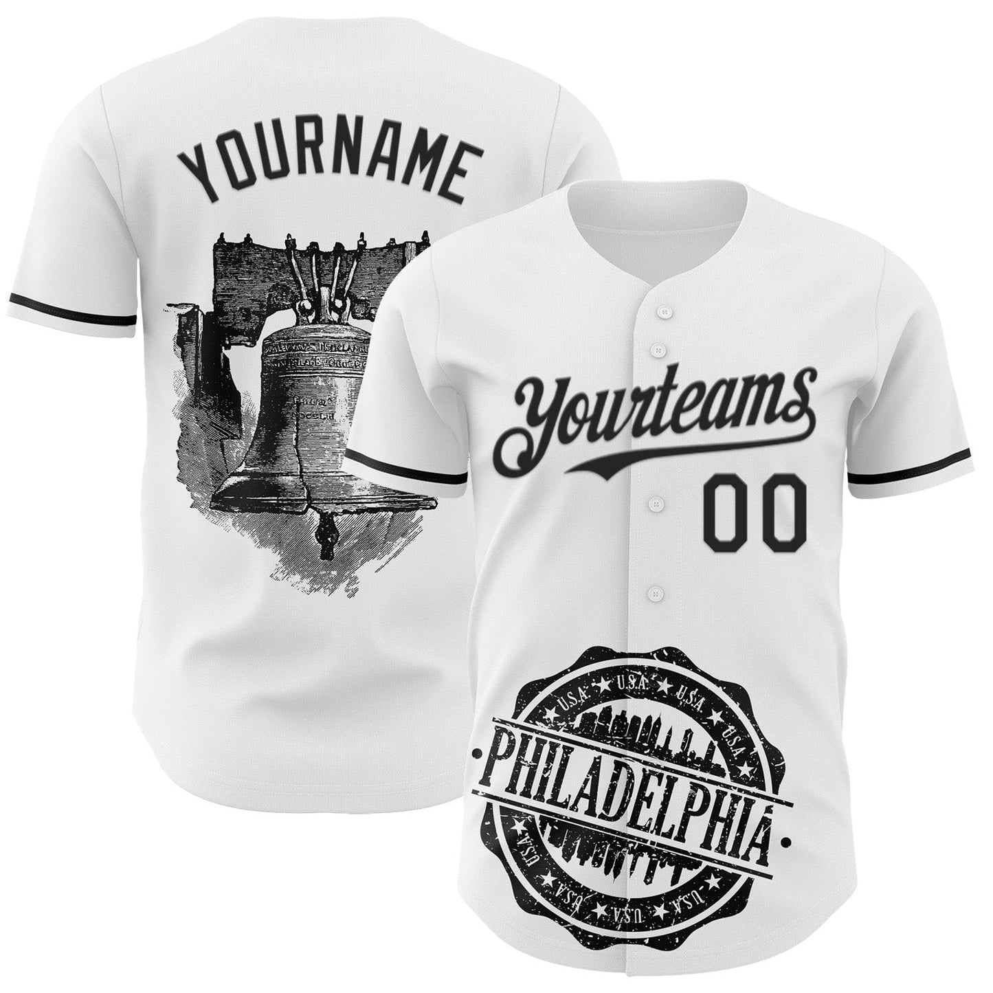 Custom White Black 3D Pattern Design Philadelphia Cityscape Liberty Bell Authentic Baseball Jersey - Sky-Custom