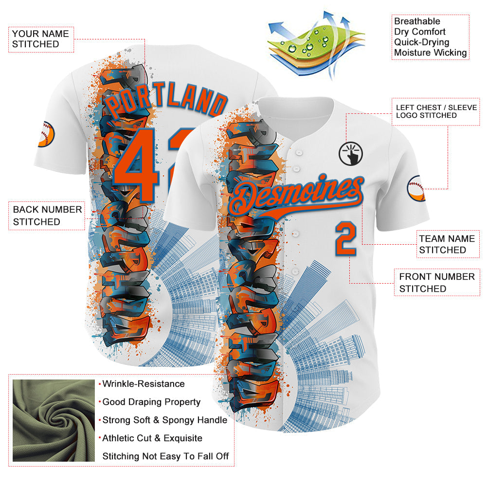 Custom White Orange-Blue 3D Pattern Design Philadelphia Cityscape Skyline Authentic Baseball Jersey - Sky-Custom