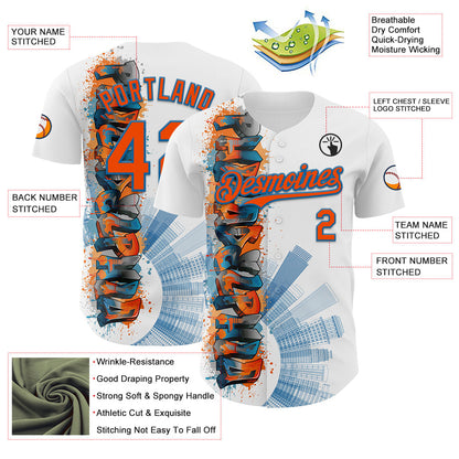 Custom White Orange-Blue 3D Pattern Design Philadelphia Cityscape Skyline Authentic Baseball Jersey - Sky-Custom