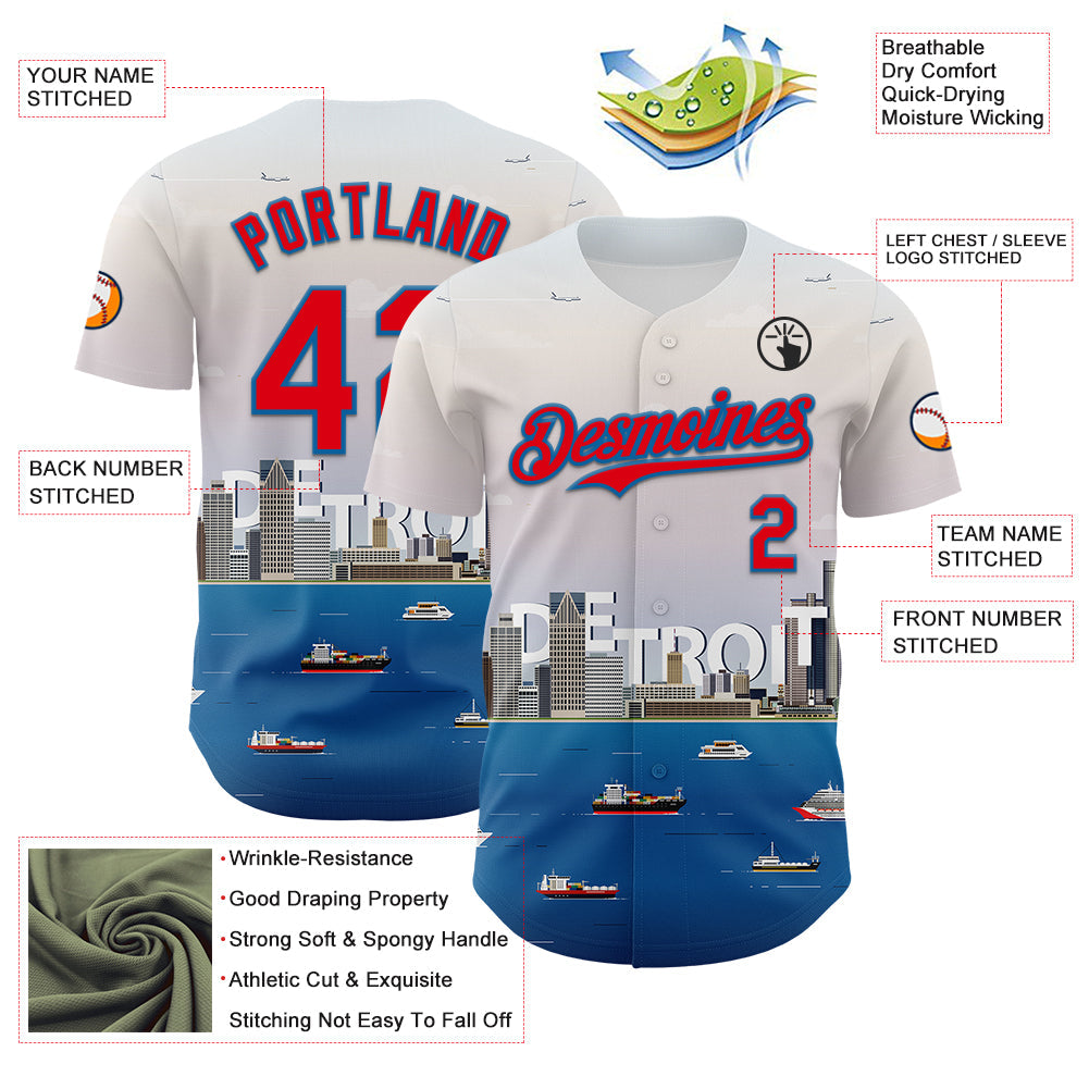 Custom White Fire Red-Blue 3D Pattern Design Detroit Cityscape Skyline Authentic Baseball Jersey - Sky-Custom