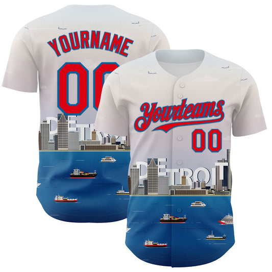 Custom White Fire Red-Blue 3D Pattern Design Detroit Cityscape Skyline Authentic Baseball Jersey - Sky-Custom