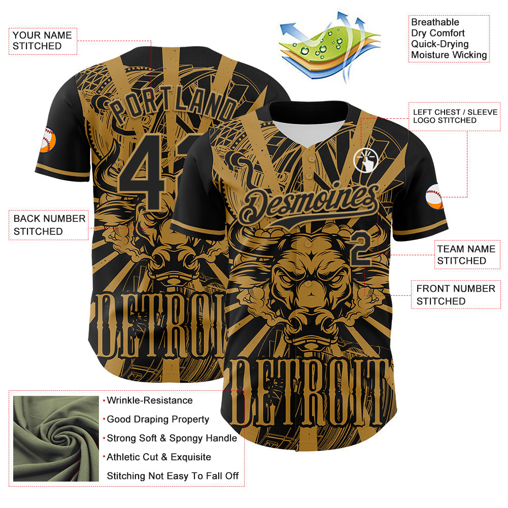 Custom Black Old Gold 3D Pattern Design Detroit Cityscape Steampunk Engine Bull Authentic Baseball Jersey - Sky-Custom