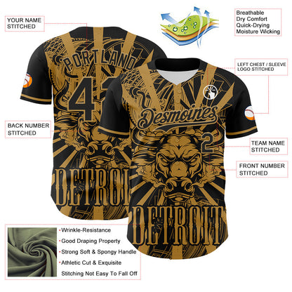 Custom Black Old Gold 3D Pattern Design Detroit Cityscape Steampunk Engine Bull Authentic Baseball Jersey - Sky-Custom