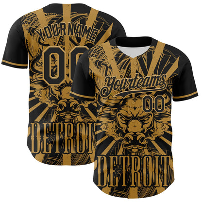 Custom Black Old Gold 3D Pattern Design Detroit Cityscape Steampunk Engine Bull Authentic Baseball Jersey - Sky-Custom
