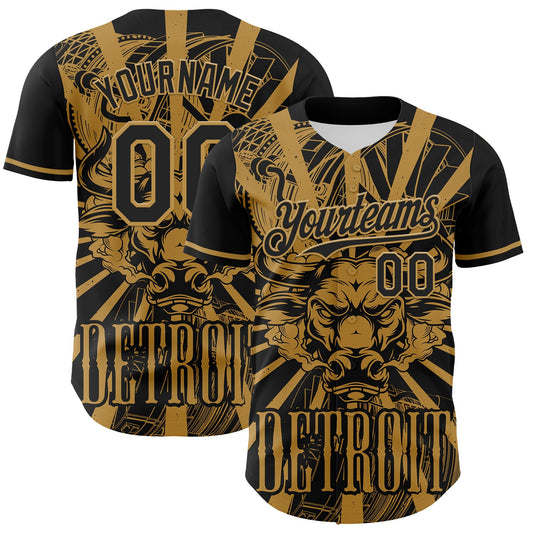 Custom Black Old Gold 3D Pattern Design Detroit Cityscape Steampunk Engine Bull Authentic Baseball Jersey - Sky-Custom