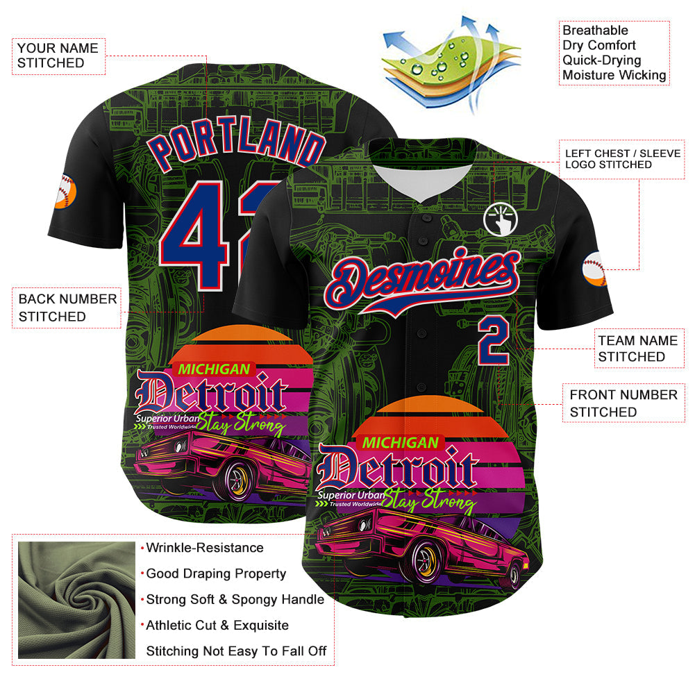 Custom Black Royal Green Fire Red-White 3D Pattern Design Detroit Cityscape Muscle Car Engine Authentic Baseball Jersey - Sky-Custom