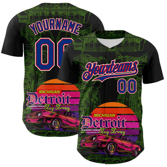 Custom Black Royal Green Fire Red-White 3D Pattern Design Detroit Cityscape Muscle Car Engine Authentic Baseball Jersey - Sky-Custom