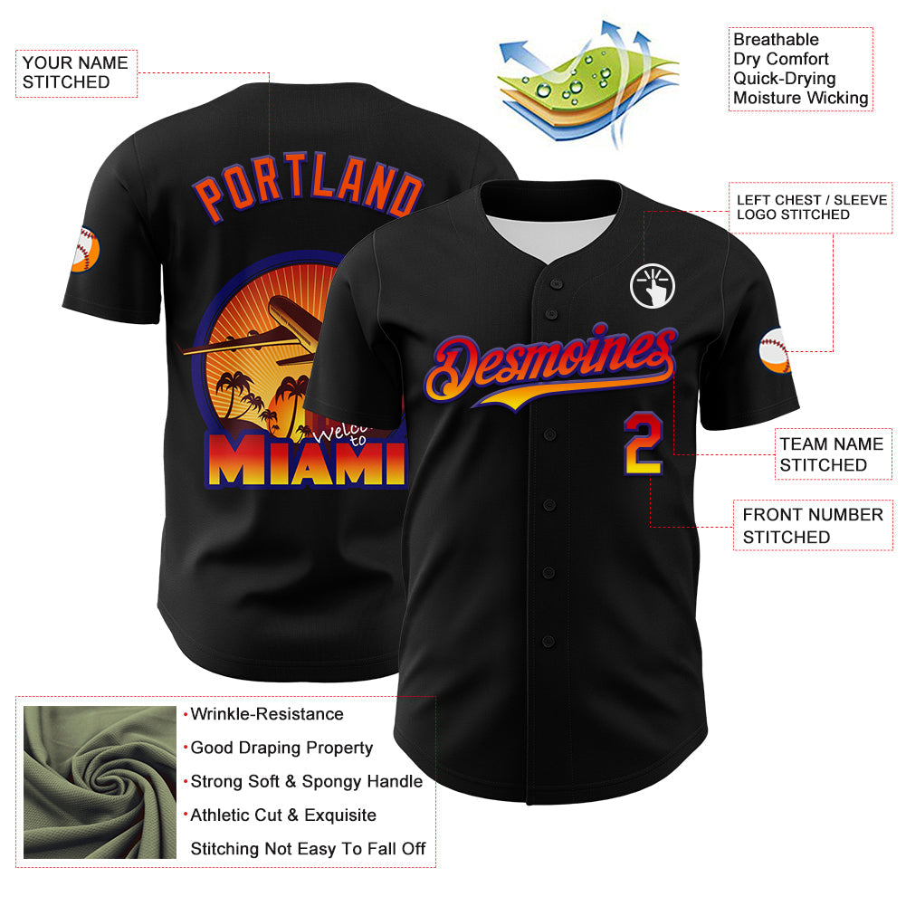 Custom Black Orange-Dark Purple 3D Pattern Design Gradient Miami Cityscape Sunset Authentic Baseball Jersey - Sky-Custom
