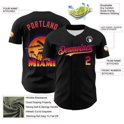 Custom Black Orange-Dark Purple 3D Pattern Design Gradient Miami Cityscape Sunset Authentic Baseball Jersey - Sky-Custom