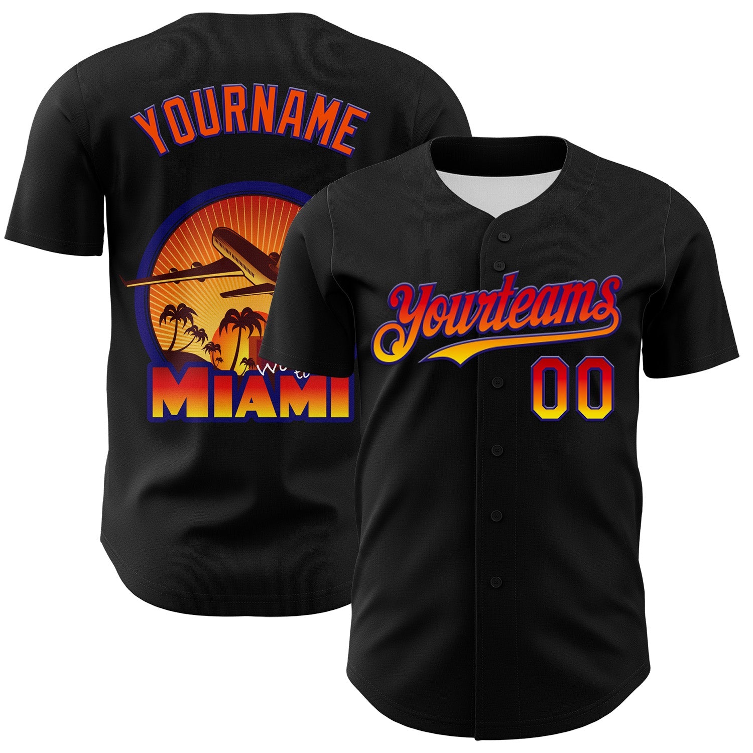 Custom Black Orange-Dark Purple 3D Pattern Design Gradient Miami Cityscape Sunset Authentic Baseball Jersey - Sky-Custom