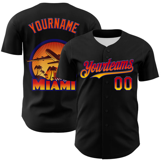 Custom Black Orange-Dark Purple 3D Pattern Design Gradient Miami Cityscape Sunset Authentic Baseball Jersey - Sky-Custom