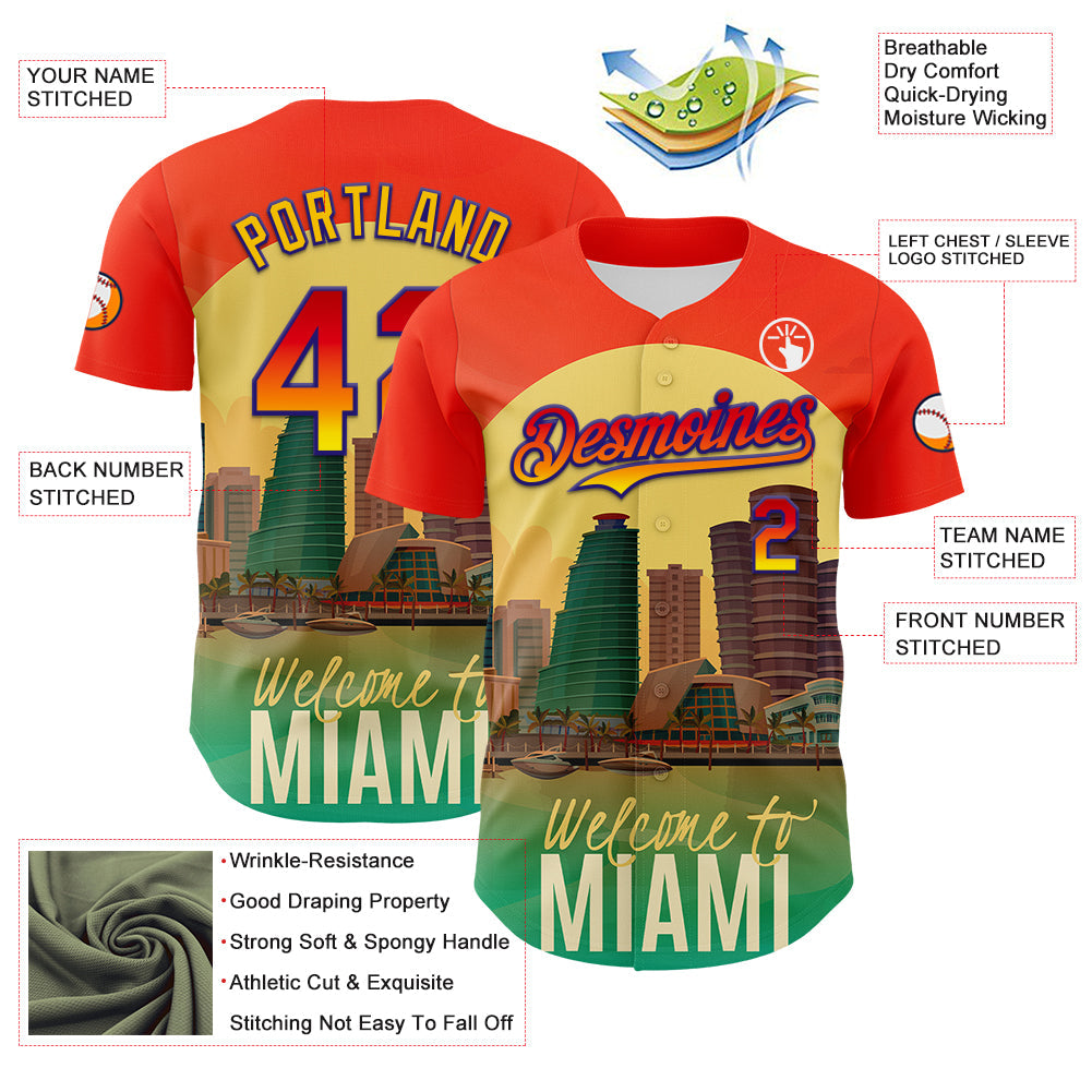 Custom Orange Green Yellow-Dark Purple 3D Pattern Design Gradient Miami Cityscape Sunset Authentic Baseball Jersey - Sky-Custom