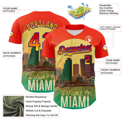 Custom Orange Green Yellow-Dark Purple 3D Pattern Design Gradient Miami Cityscape Sunset Authentic Baseball Jersey - Sky-Custom