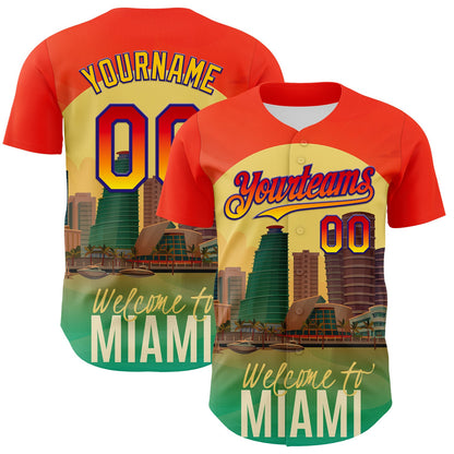 Custom Orange Green Yellow-Dark Purple 3D Pattern Design Gradient Miami Cityscape Sunset Authentic Baseball Jersey - Sky-Custom