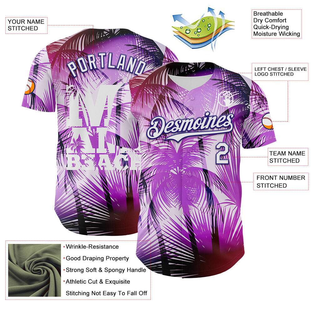 Custom Purple White-Dark Purple 3D Pattern Design Gradient Miami Cityscape Hawaii Tropical Palm Tree Authentic Baseball Jersey - Sky-Custom