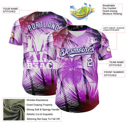 Custom Purple White-Dark Purple 3D Pattern Design Gradient Miami Cityscape Hawaii Tropical Palm Tree Authentic Baseball Jersey - Sky-Custom