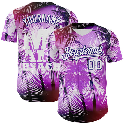 Custom Purple White-Dark Purple 3D Pattern Design Gradient Miami Cityscape Hawaii Tropical Palm Tree Authentic Baseball Jersey - Sky-Custom
