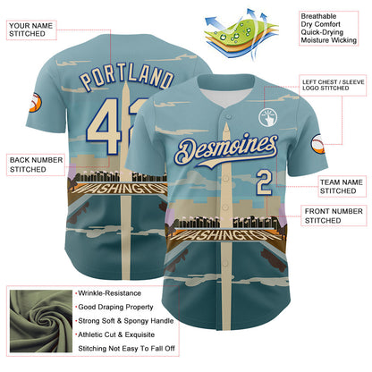 Custom Blue Cream-Royal 3D Pattern Design Washington Cityscape Skyline Authentic Baseball Jersey - Sky-Custom