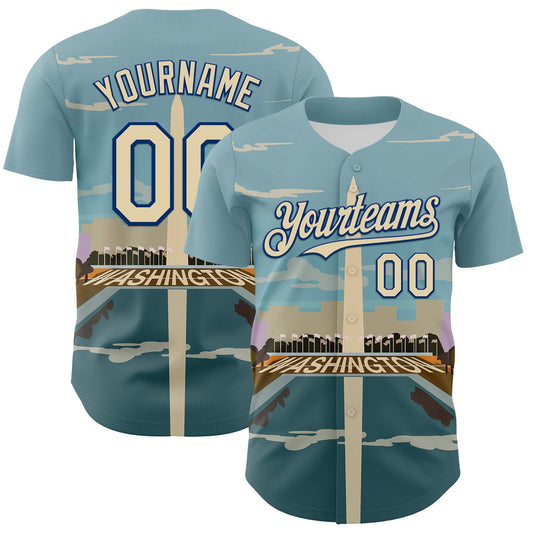 Custom Blue Cream-Royal 3D Pattern Design Washington Cityscape Skyline Authentic Baseball Jersey - Sky-Custom