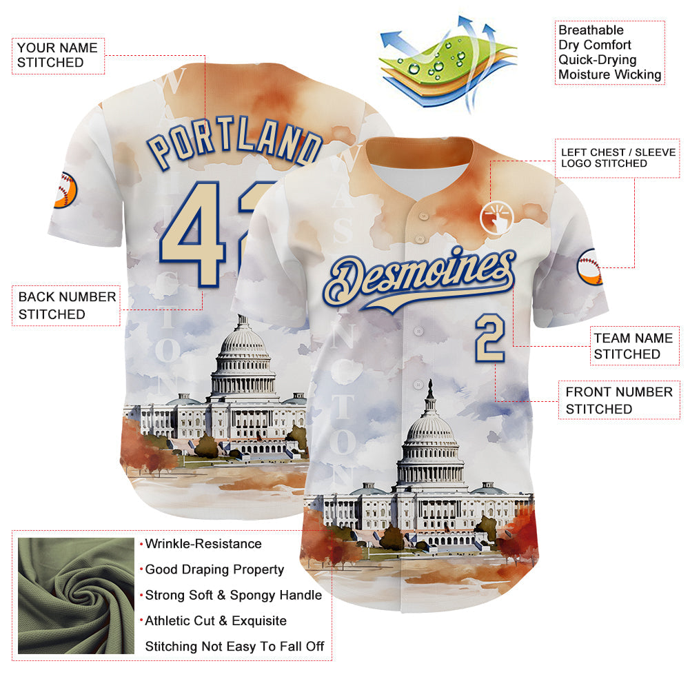 Custom White Cream-Royal 3D Pattern Design Washington Cityscape United States Capitol Authentic Baseball Jersey - Sky-Custom