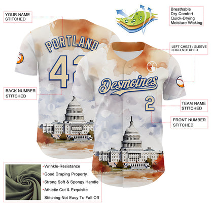 Custom White Cream-Royal 3D Pattern Design Washington Cityscape United States Capitol Authentic Baseball Jersey - Sky-Custom