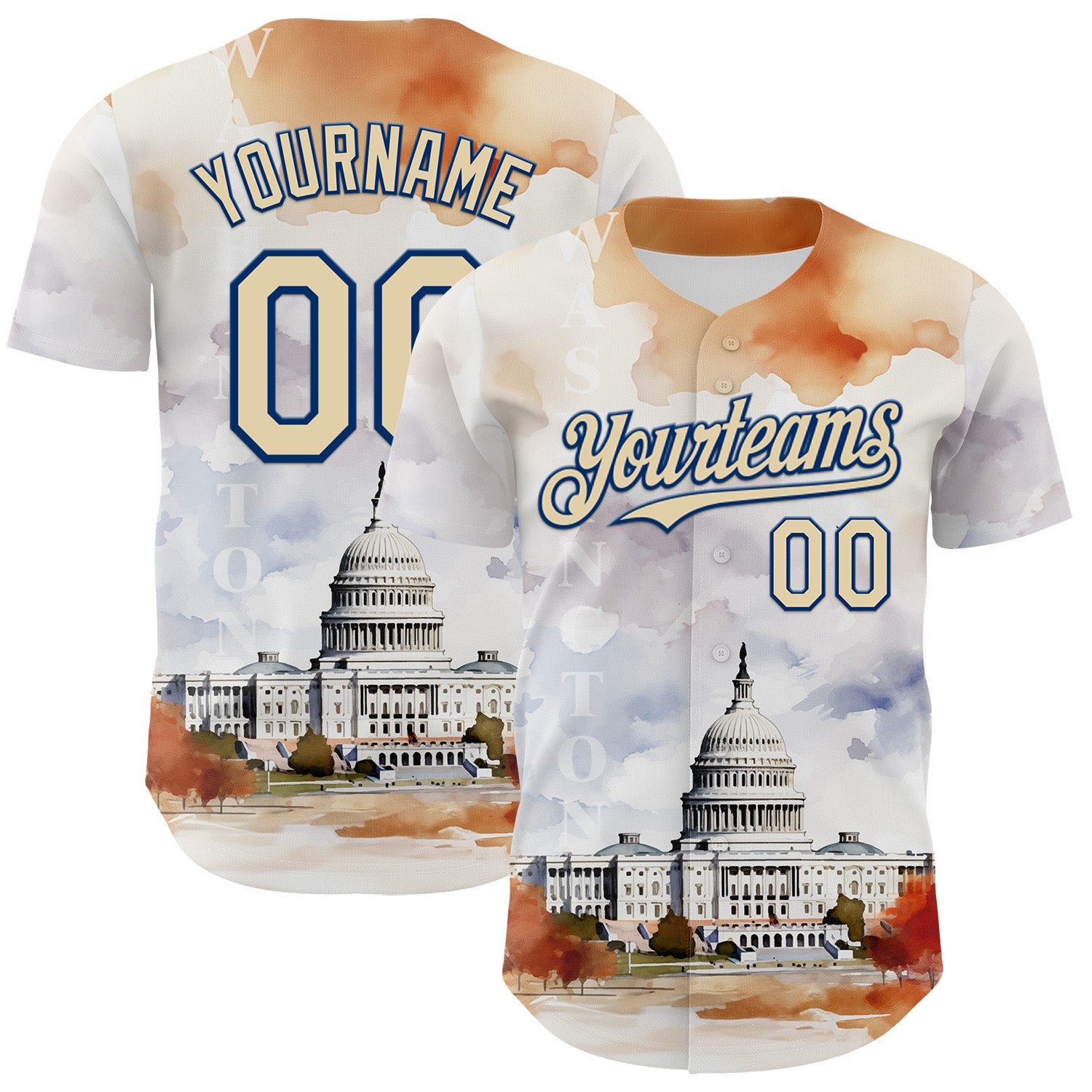 Custom White Cream-Royal 3D Pattern Design Washington Cityscape United States Capitol Authentic Baseball Jersey - Sky-Custom