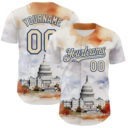 Custom White Cream-Royal 3D Pattern Design Washington Cityscape United States Capitol Authentic Baseball Jersey - Sky-Custom