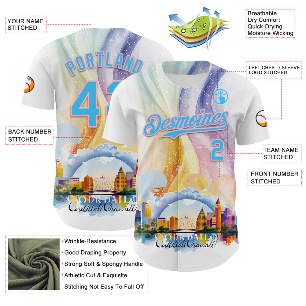 Custom White Sky Blue-Light Pink 3D Pattern Design Orlando Cityscape Skyline Authentic Baseball Jersey - Sky-Custom