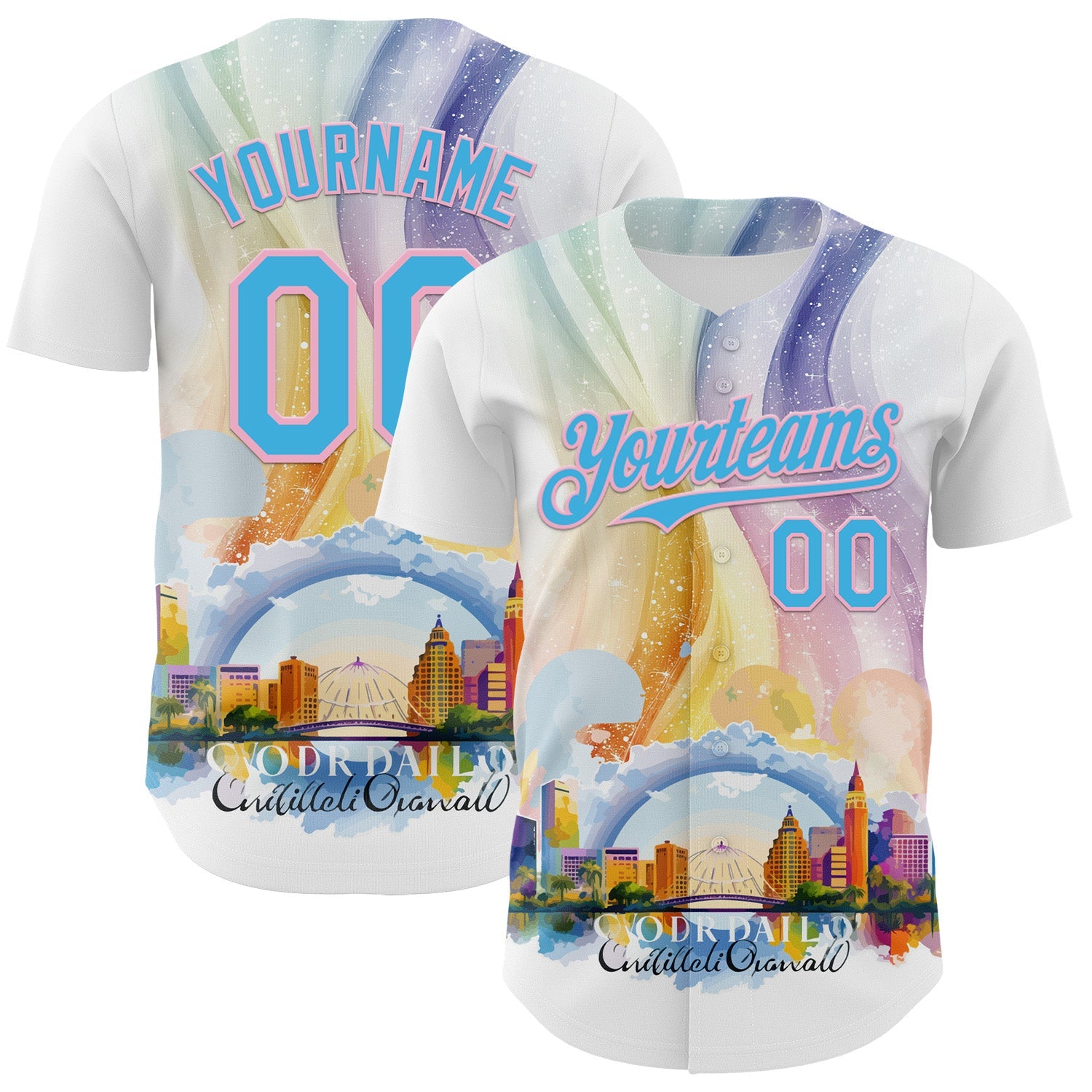 Custom White Sky Blue-Light Pink 3D Pattern Design Orlando Cityscape Skyline Authentic Baseball Jersey - Sky-Custom