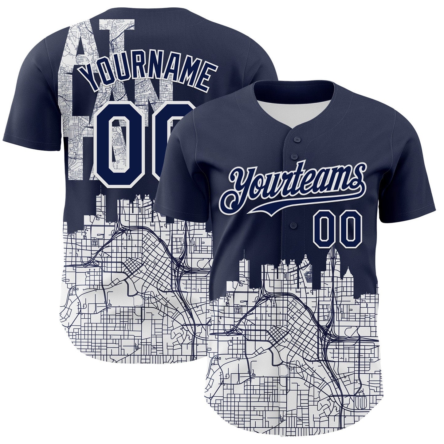 Custom Navy White 3D Pattern Design Atlanta Cityscape Urban Map Authentic Baseball Jersey - Sky-Custom