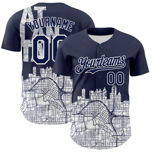 Custom Navy White 3D Pattern Design Atlanta Cityscape Urban Map Authentic Baseball Jersey - Sky-Custom