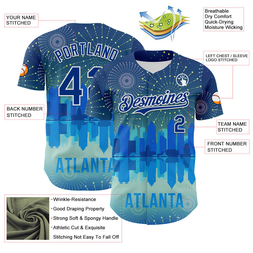Custom Blue Royal-White 3D Pattern Design Atlanta Cityscape Fireworks Authentic Baseball Jersey - Sky-Custom