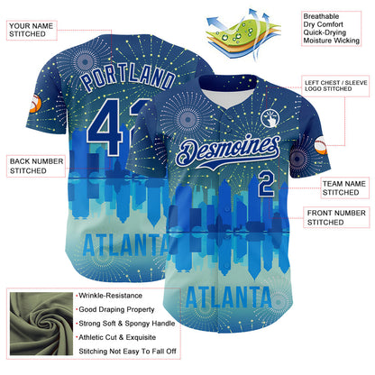 Custom Blue Royal-White 3D Pattern Design Atlanta Cityscape Fireworks Authentic Baseball Jersey - Sky-Custom