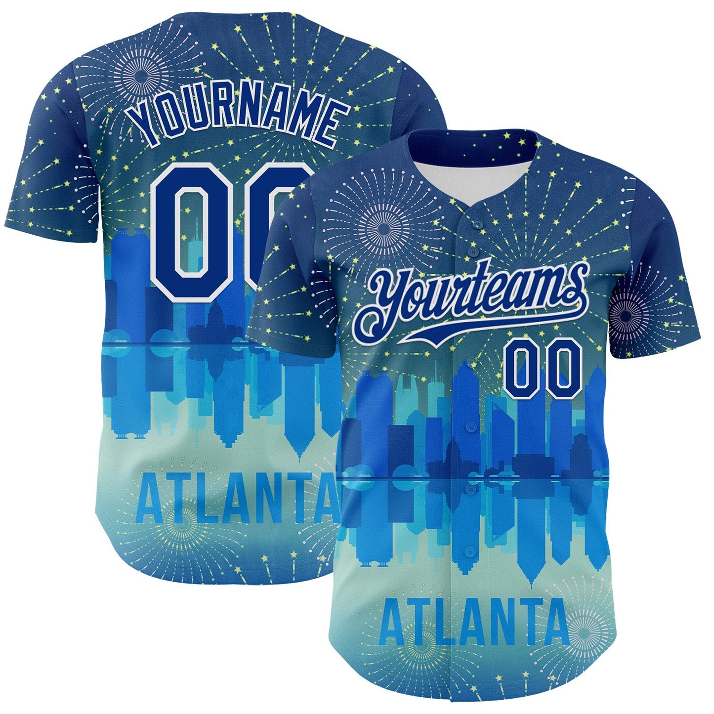 Custom Blue Royal-White 3D Pattern Design Atlanta Cityscape Fireworks Authentic Baseball Jersey - Sky-Custom