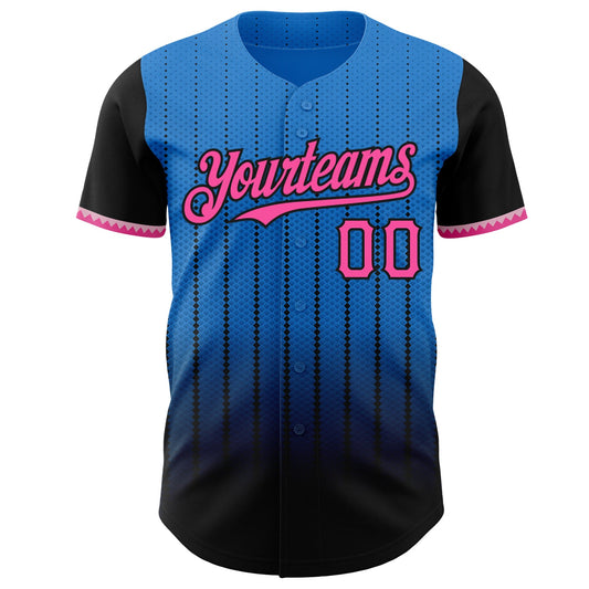 Custom Electric Blue Pink-Black 3D Pattern Design Gradient Geometric Shape Authentic Baseball Jersey - Sky-Custom