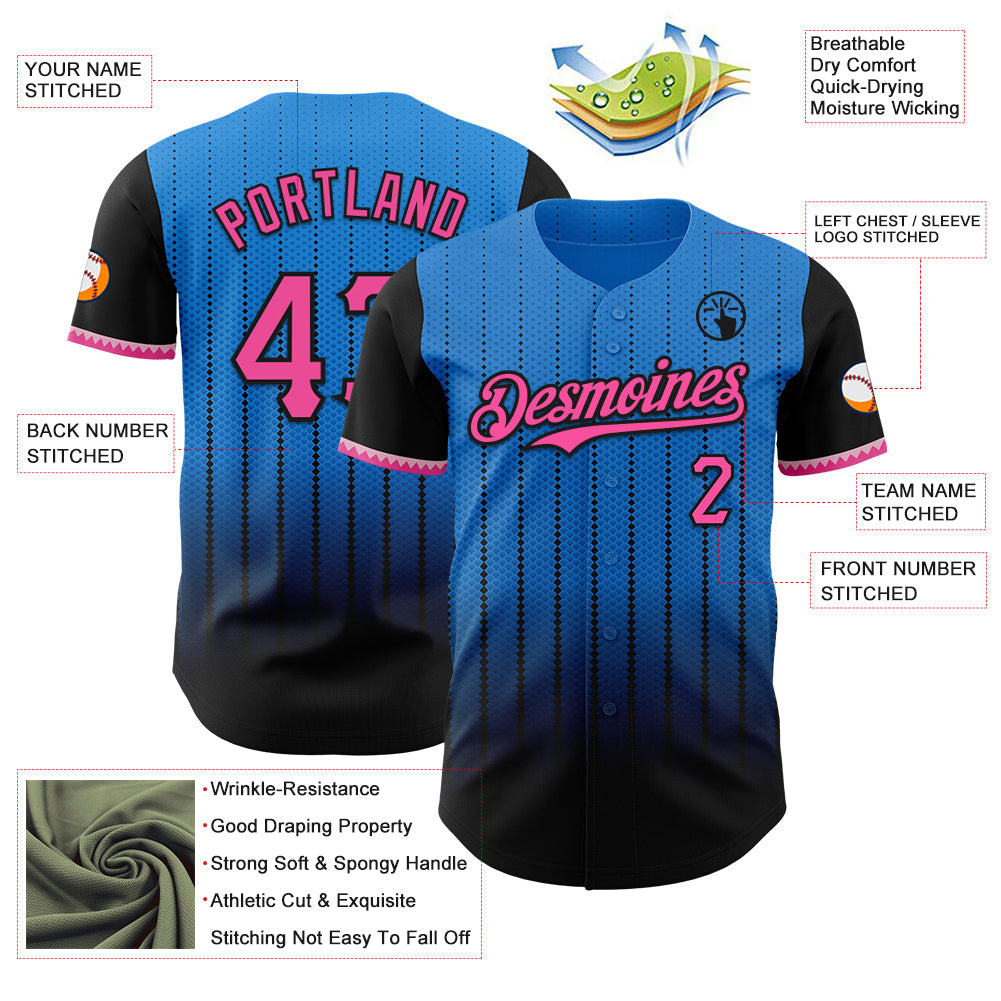 Custom Electric Blue Pink-Black 3D Pattern Design Gradient Geometric Shape Authentic Baseball Jersey - Sky-Custom