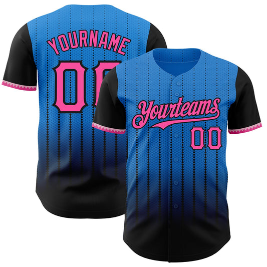 Custom Electric Blue Pink-Black 3D Pattern Design Gradient Geometric Shape Authentic Baseball Jersey - Sky-Custom