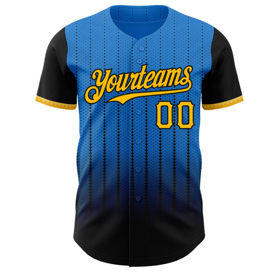 Custom Electric Blue Gold-Black 3D Pattern Design Gradient Geometric Shape Authentic Baseball Jersey - Sky-Custom
