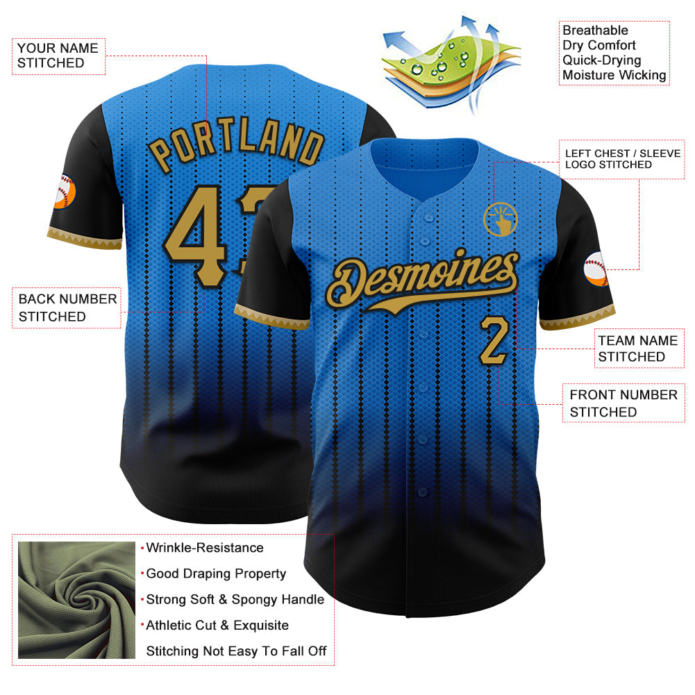 Custom Electric Blue Old Gold-Black 3D Pattern Design Gradient Geometric Shape Authentic Baseball Jersey - Sky-Custom